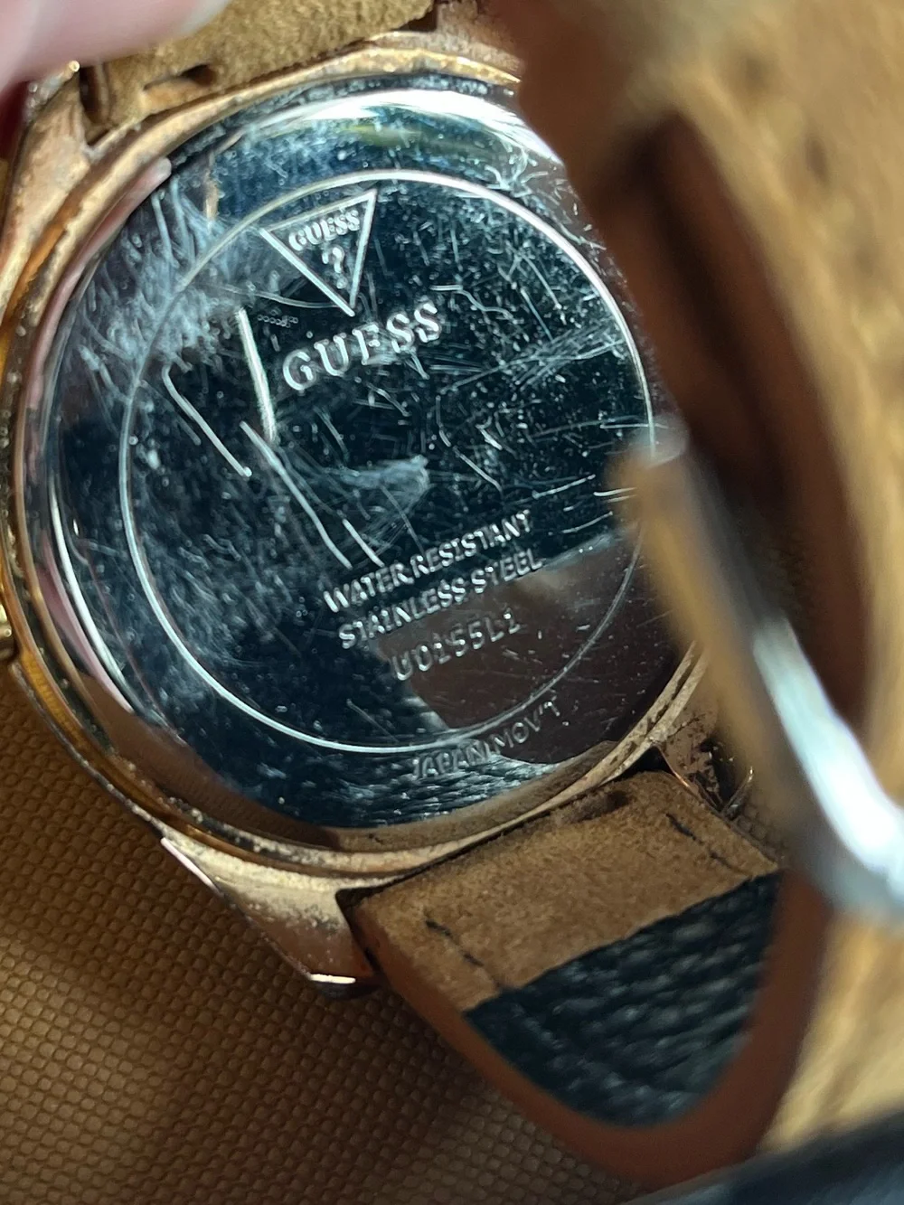 Guess Gold-Tone Watch with Glitter Dial and Tan Strap with Box